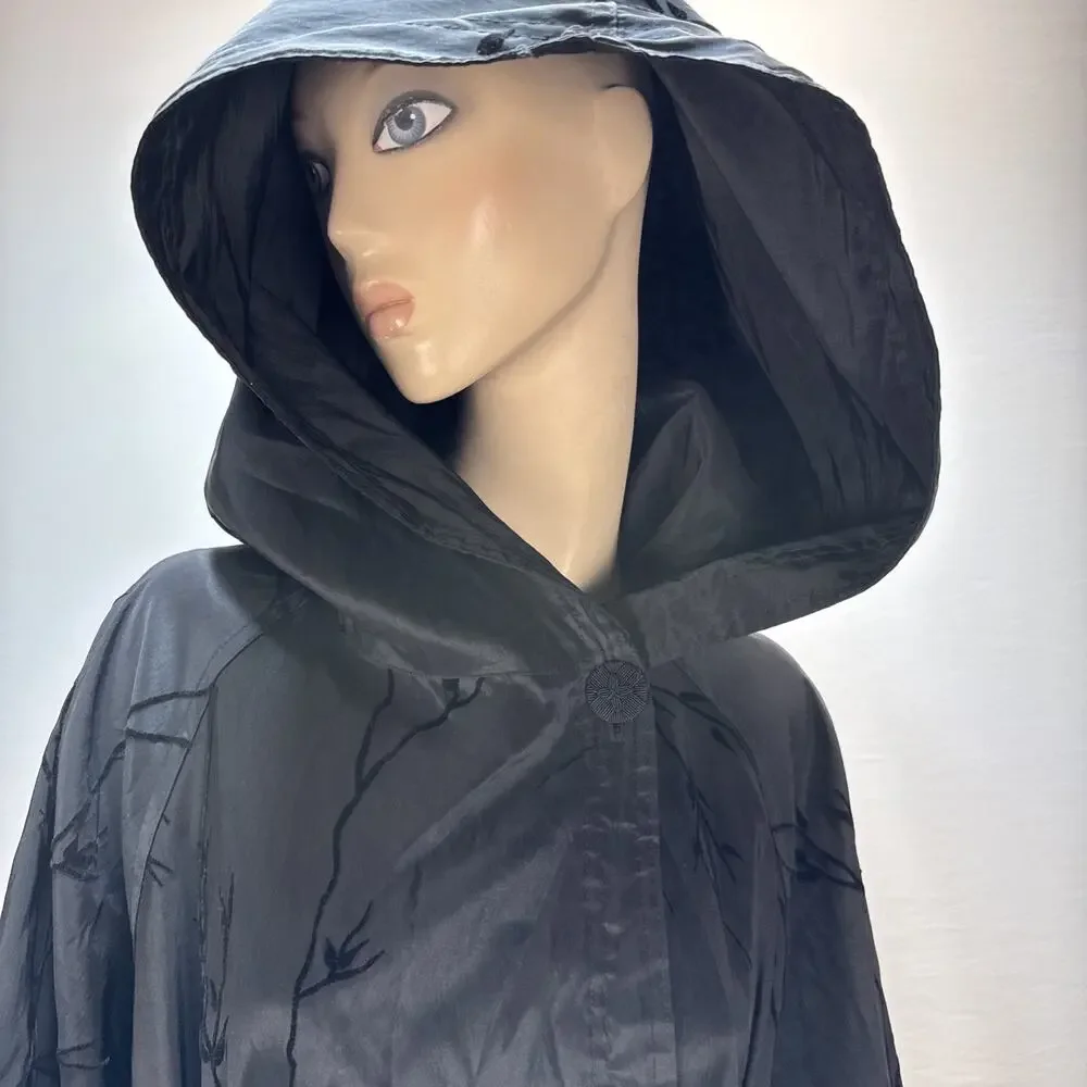 MYCRA PAC Long‎ Donatella Raincoat Size M/L Black Reversible Velvet Vines Hooded